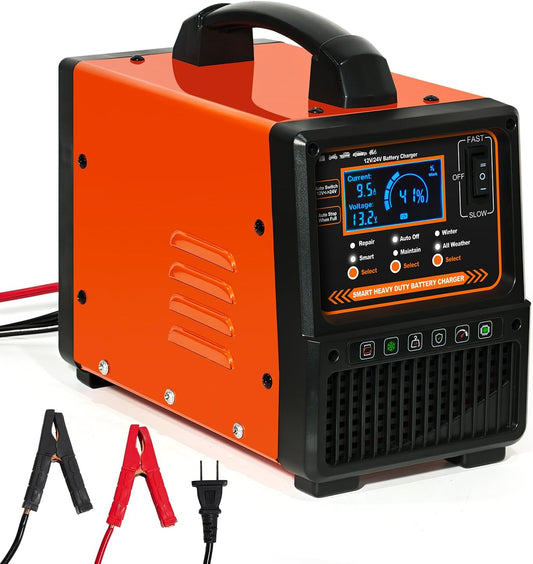 12V 24V Car Battery Charger Heavy Duty, Portable 0-15A Smart Battery Maintainer/Trickle Charger with Repair, Auto Shutoff, Winter/Summer Mode for Car Truck Boat RV Lawn Mower AGM Lead-Acid Deep Cycle