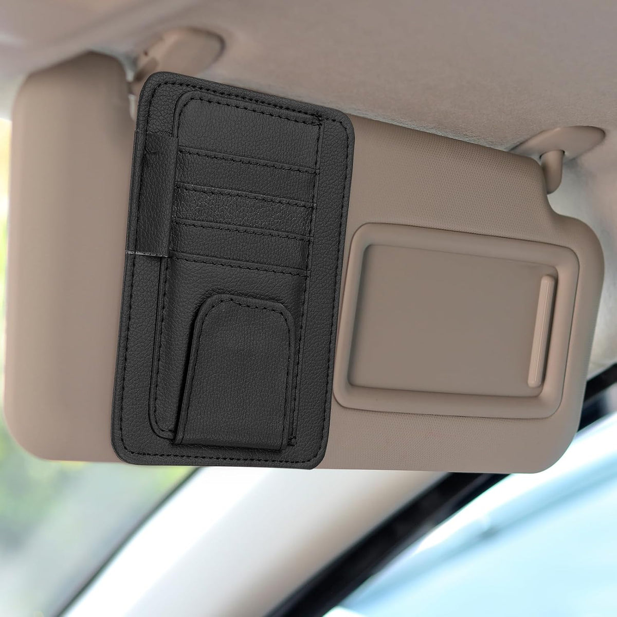 HARFINGTON 2Pcs Car Sun Visor Organizer 6.02" x 4.76" Leather Multi-Pocket Visor Card Sleeve Pocket Car Truck SUV Interior Storage Pouch for Driving License Credit Card Bill Sunglasses, Black
