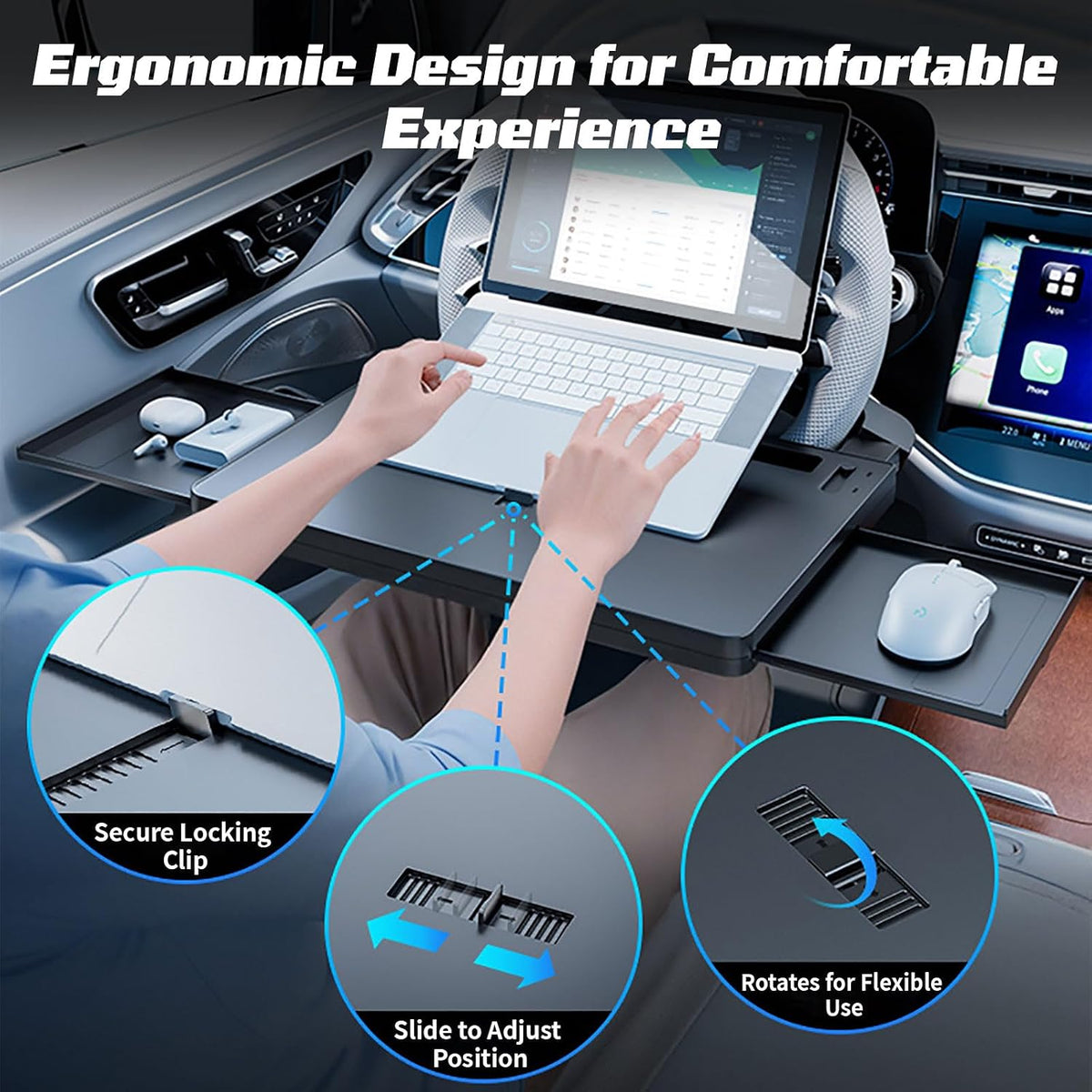 Extendable Steering Wheel Tray, Large Steering Wheel Desk with 2 Retractable Tray, Multipurpose Car Table for Laptop Eating & Working, Fits for Most Cars SUVs Trucks (Black)