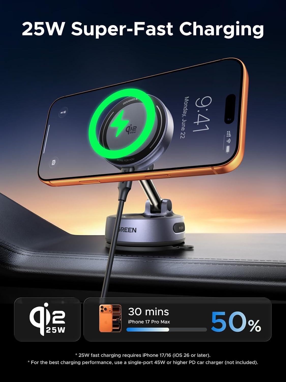 UGREEN 25W Qi2.2 MagSafe Compatible Wireless Car Charger Mount, Suction Cup