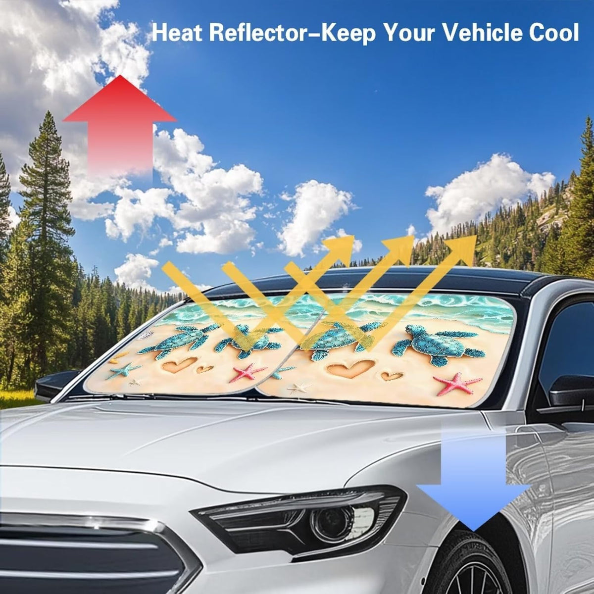 Beach Sea Turtle Car Windshield Sun Shade 2 Piece Foldable Sun Visor Protector Cover Car Privacy Shades Front Turtle Car Interior Accessories,Keeps Your Vehicle Cool Car Privacy Shades