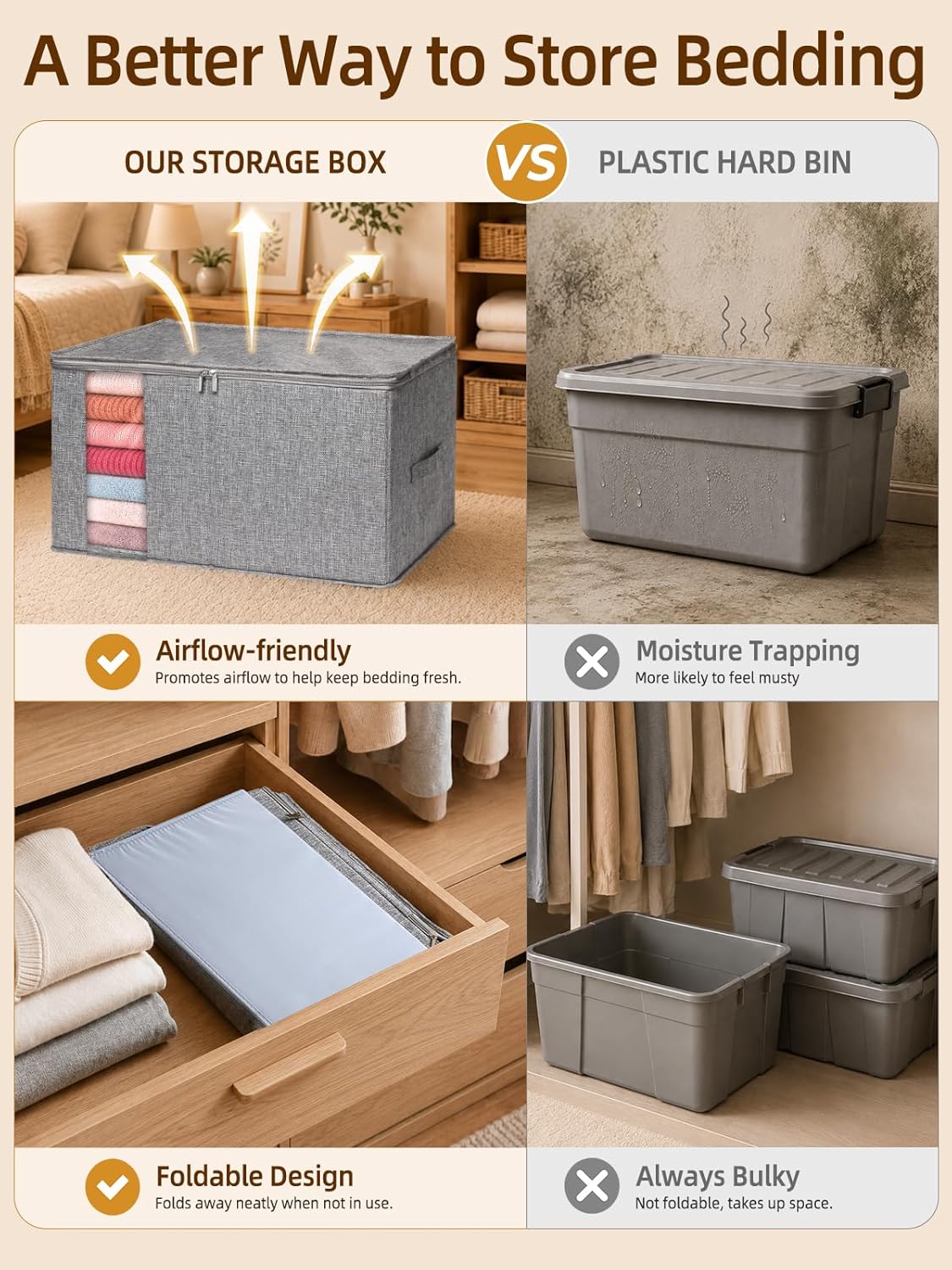 60L Blanket/Comforter Storage Bag w/Rigid Side & Bottom Support, Stackable Clothes Storage Bin for Sweaters Bedding Sets Quilts Pillows, Closet Organizer, 21.7x14.2x11.8in, 2 Pack, Gray
