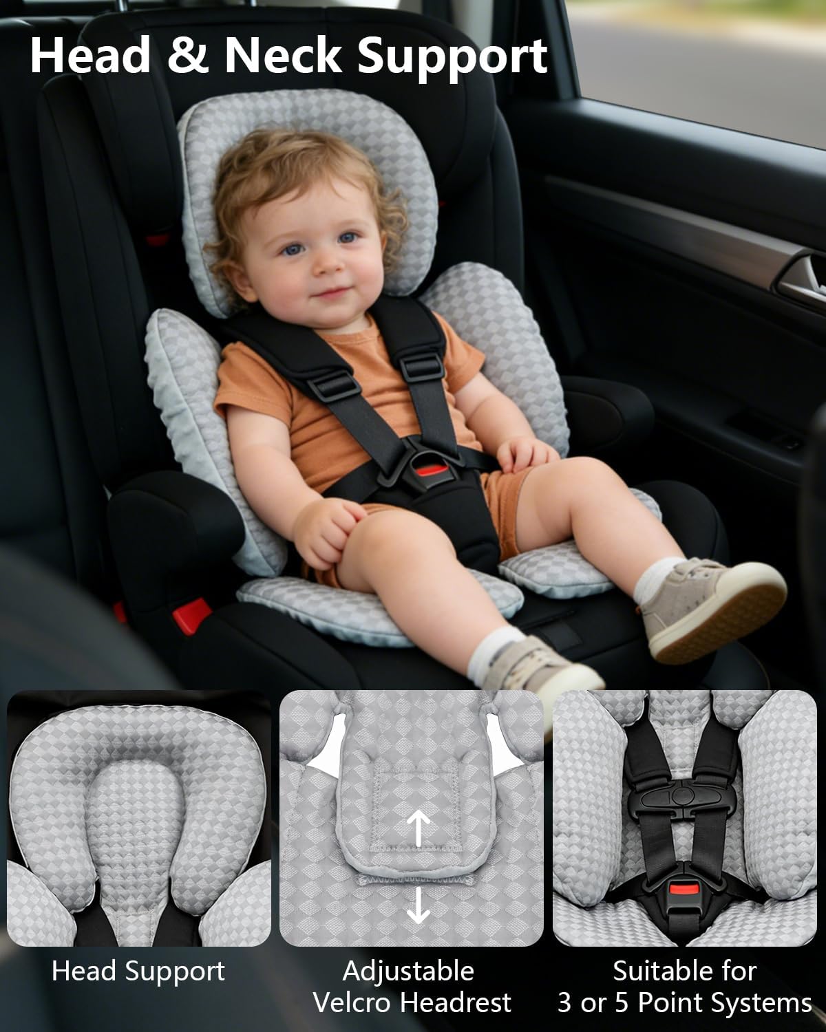 KAKIBLIN Infant Car Seat Insert for Baby, Car Seat Cooling Pad, Reversible Newborn Car Seat Insert Head Body Support for Summer, Fits for Stroller, Swing, Bouncer, Bassinet, Boys and Girls (Grey)