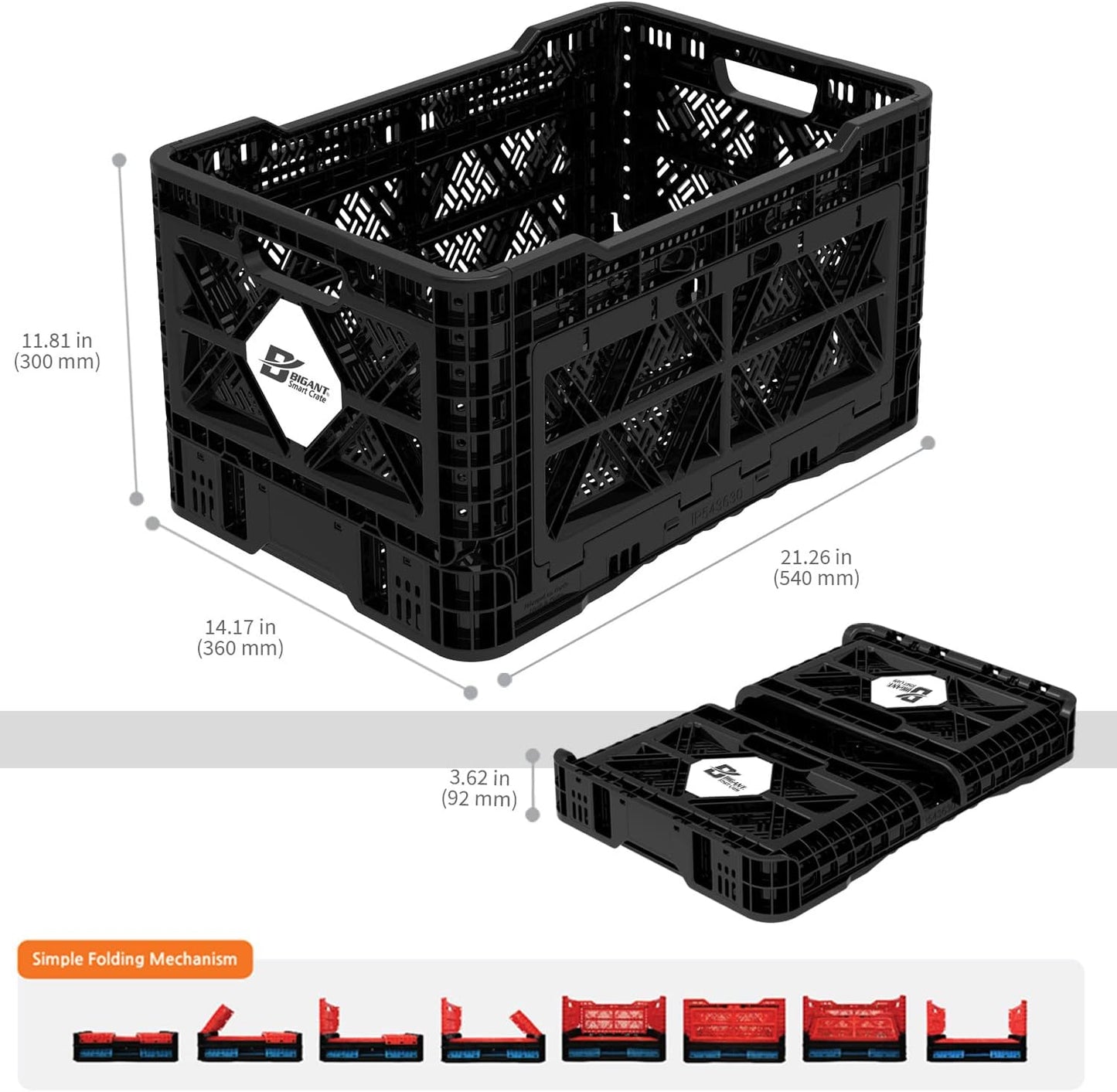 Bigant Heavy Duty Collapsible & Stackable Plastic Milk Crate-Medium Size, Black, Stackable Open Front Organizer, Set of 1, Snap Lock Foldable Industrial Garage Storage Bin Container Utility Basket
