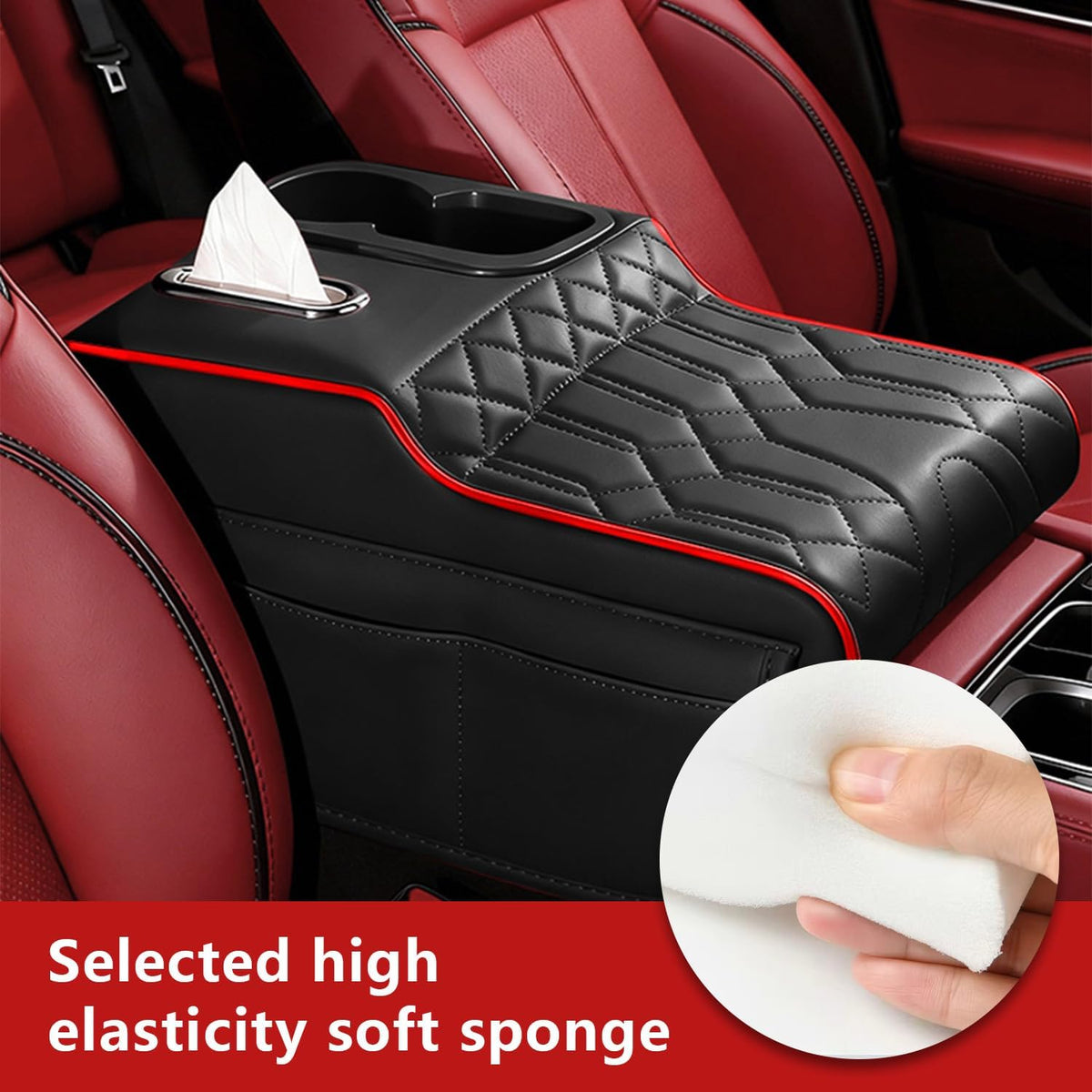Upgraded Car Center Console Cover,PU Leather Car Armrest Cover Cushion Contains High Elasticity Sponge with Cup Holder,2 Storage Bags Tissue Box (Black-B)