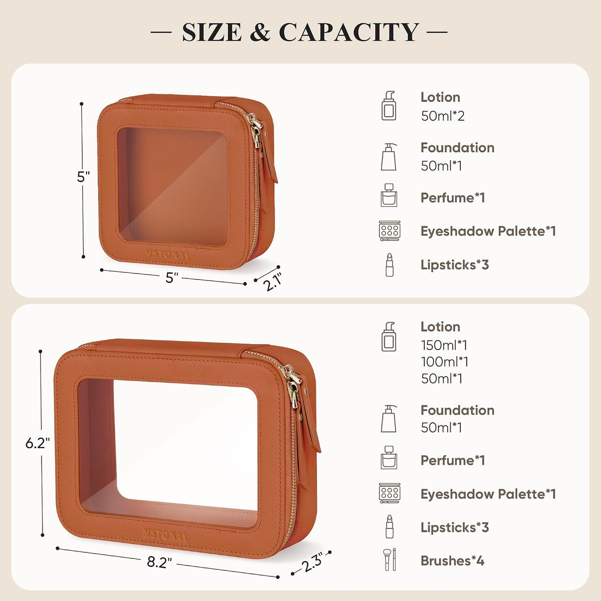 Brown Clear Makeup Bag for Fall, Cosmetic Make Up Pouch, Medium