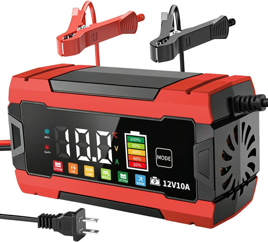 12V 10-Amp Battery Charger, Smart Trickle Charger Maintainer, 12V Lead-Acid LiFePO4 Lithium Battery Charger, Auto Battery Repair & Desulfator, Temperature Compensation for Car Truck Motorcycle Boat