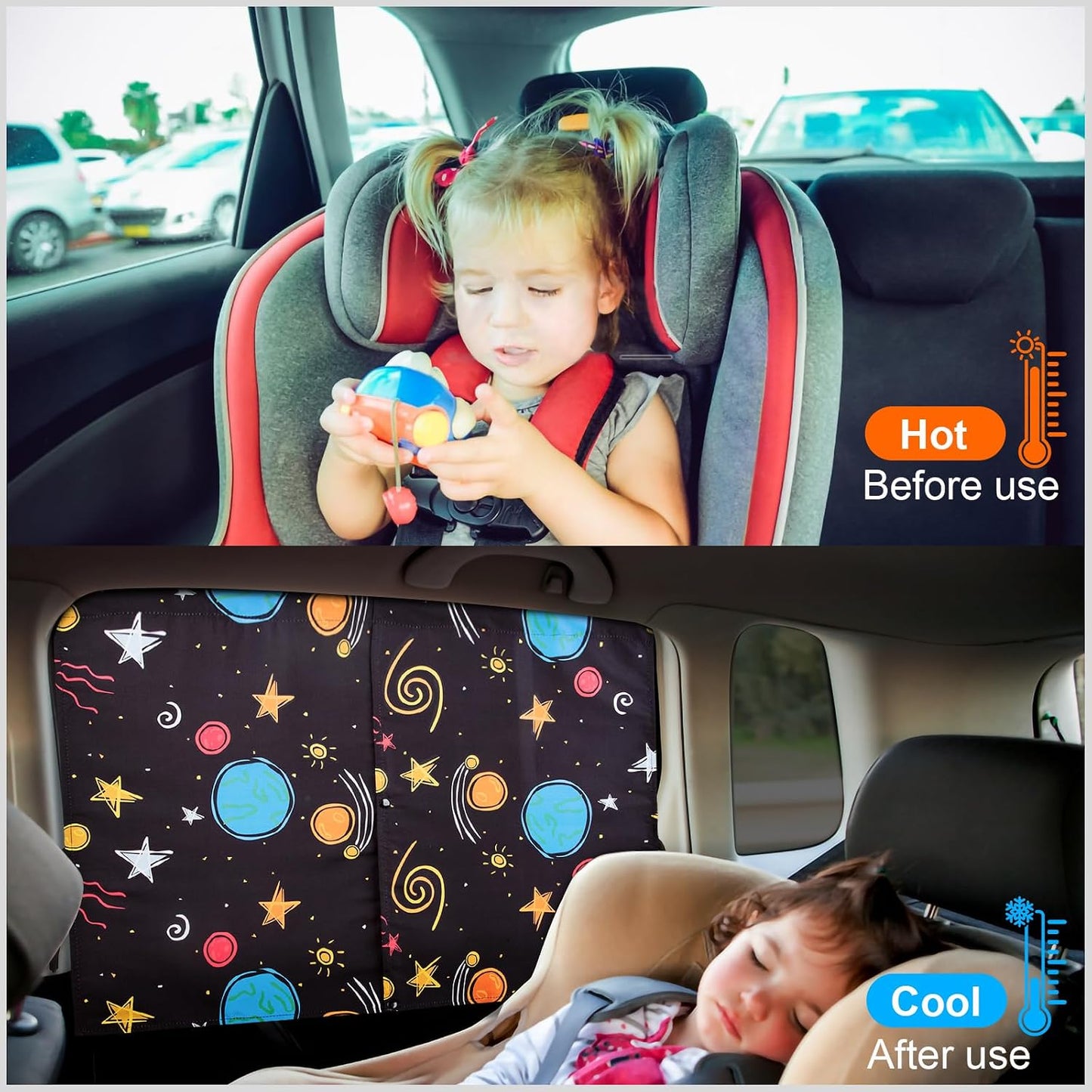 Car Window Shades, 2 Packs Magnetic Car Sun Shades for Baby, 2 Layers for Blackout/See Through Options Colorful Starry Pattern Side Window Curtain for Kids Heat/UV Blocker