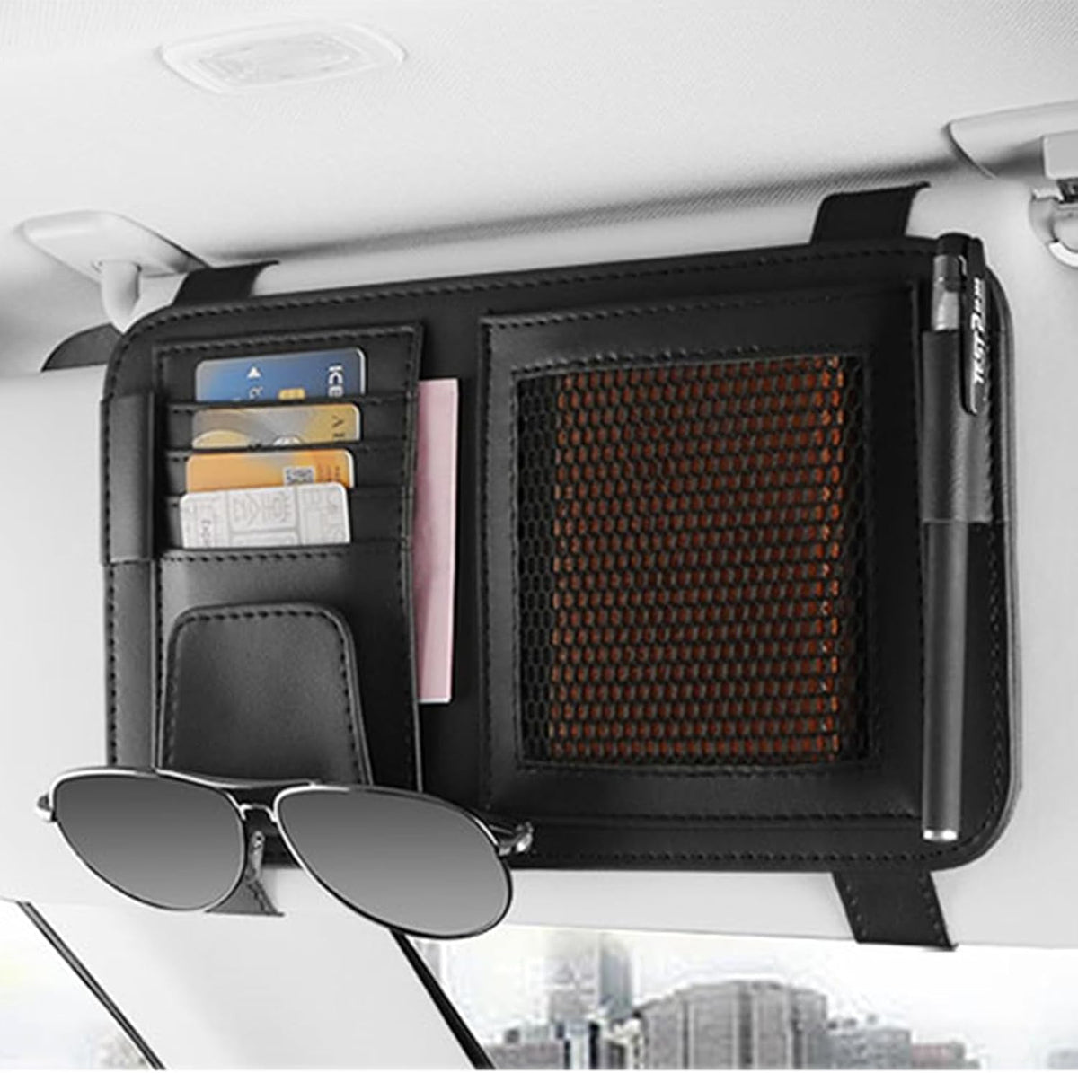 Leather Car Sun Visor Organizer for Or Truck, Sunglasses Holder, Cards Sleeve Pockets Organizer,Visor Document Holder for Car Registration License, Drving License, Insurance, Cards, Pen, Key