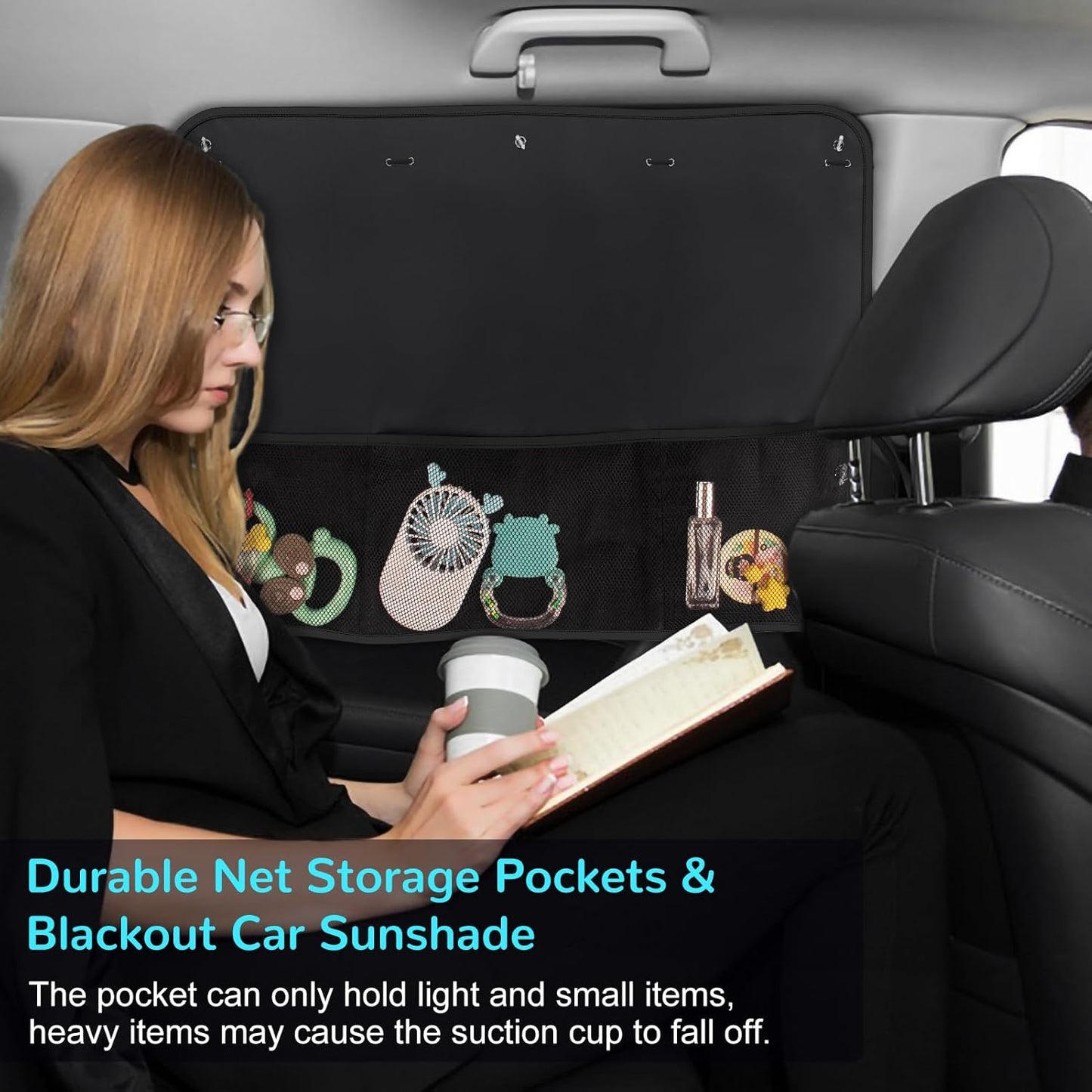 Car Sun Shade Side Window, 2 Pcs Blackout Car Window Shade for Baby Privacy with Storage Net Pockets Auto Curtains 7 Suction Cups for Heat/UV Protection Sun Block Covers