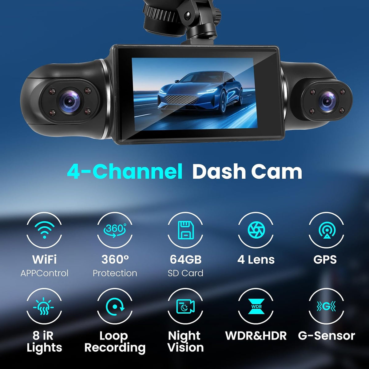 4 Channel Dash Cam 360° View Front Rear Inside & Left Right,Dash Camera FHD 2K+1080Px3 for Car, 8 IR Lamps Night Vision, APP, WiFi, GPS, G-Sensor, 24/7 Parking Mode, with a Free 64GB SD Card