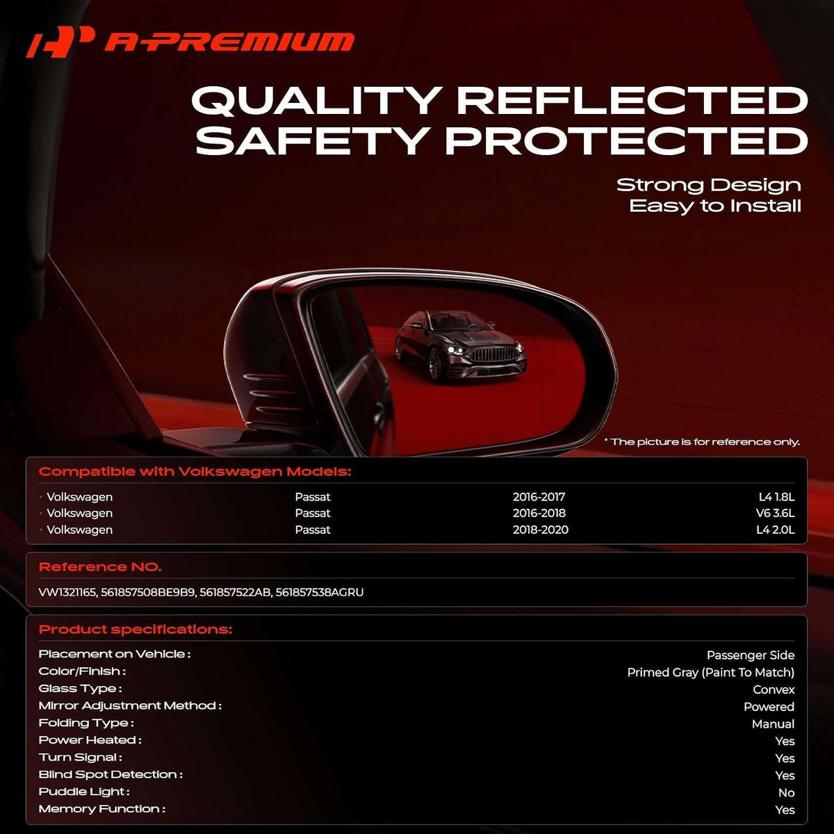 A-Premium Passenger Side Power Door Mirror Compatible with Volkswagen