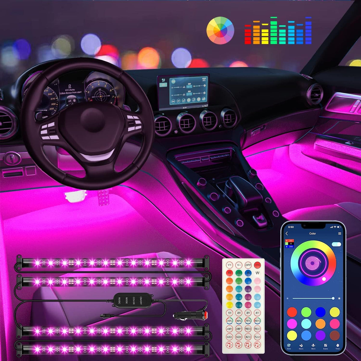 Keepsmile Interior Car Lights Accessories APP Control with Remote Music Sync Color Change RGB Under Dash Car Lighting with USB Charger 12V 2A Led Lights for Jeep Truck