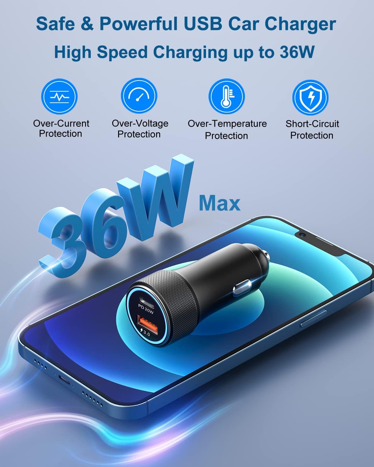 USB C Car Charger 4-Pack, OKRAY 36W 2-Port PD+QC Fast Charging Car Chargers
