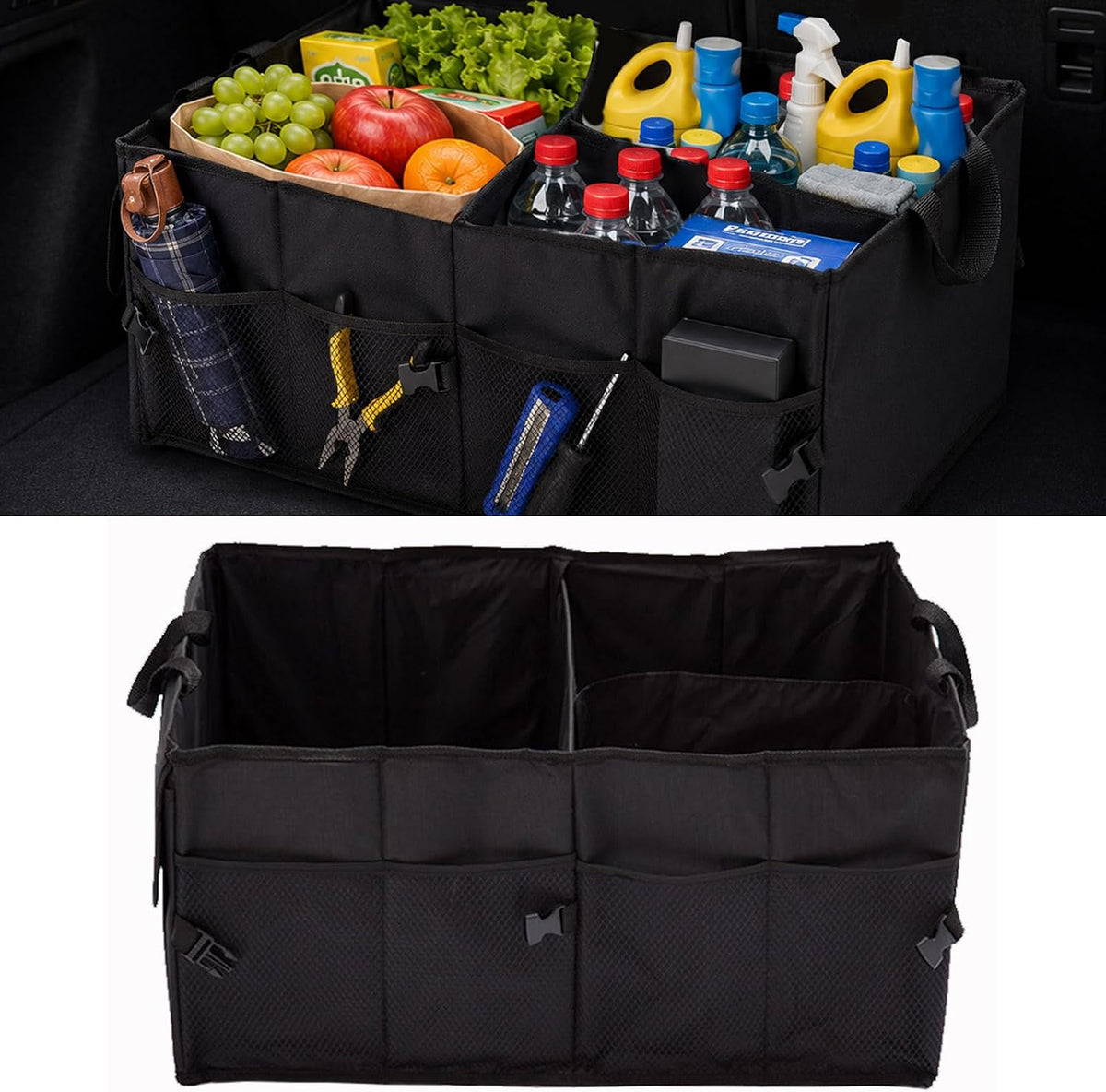 Car Trunk Organizer, Collapsible 3-Compartment Box，Black