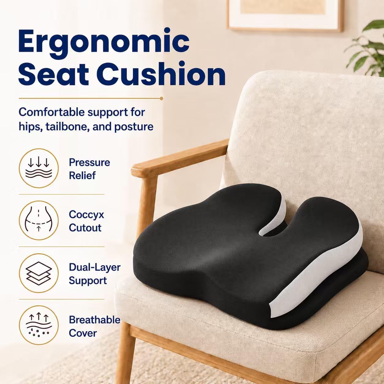 Seat Cushions for Office Chairs Wheelchair Cushion for Long Sitting Back Pain，Memory Foam Seat Car Computer Desk Chair Cushion，Coccyx Cushion for Tailbone Pain Relief Cushion Office Chair Black