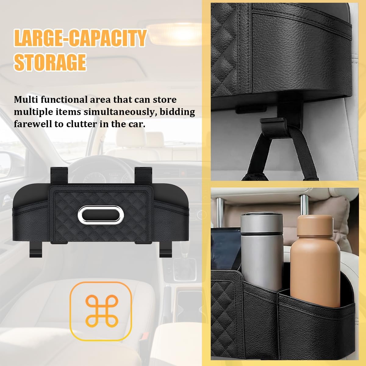 Car Headrest Backseat Organizer, Multifunctional 4-in-1 Back Seat Tissue Box with Cup Holder & Hooks, Auto Interior Seat Back Storage Box for Phone, Snack, Drinks, Universal Fit (Black)