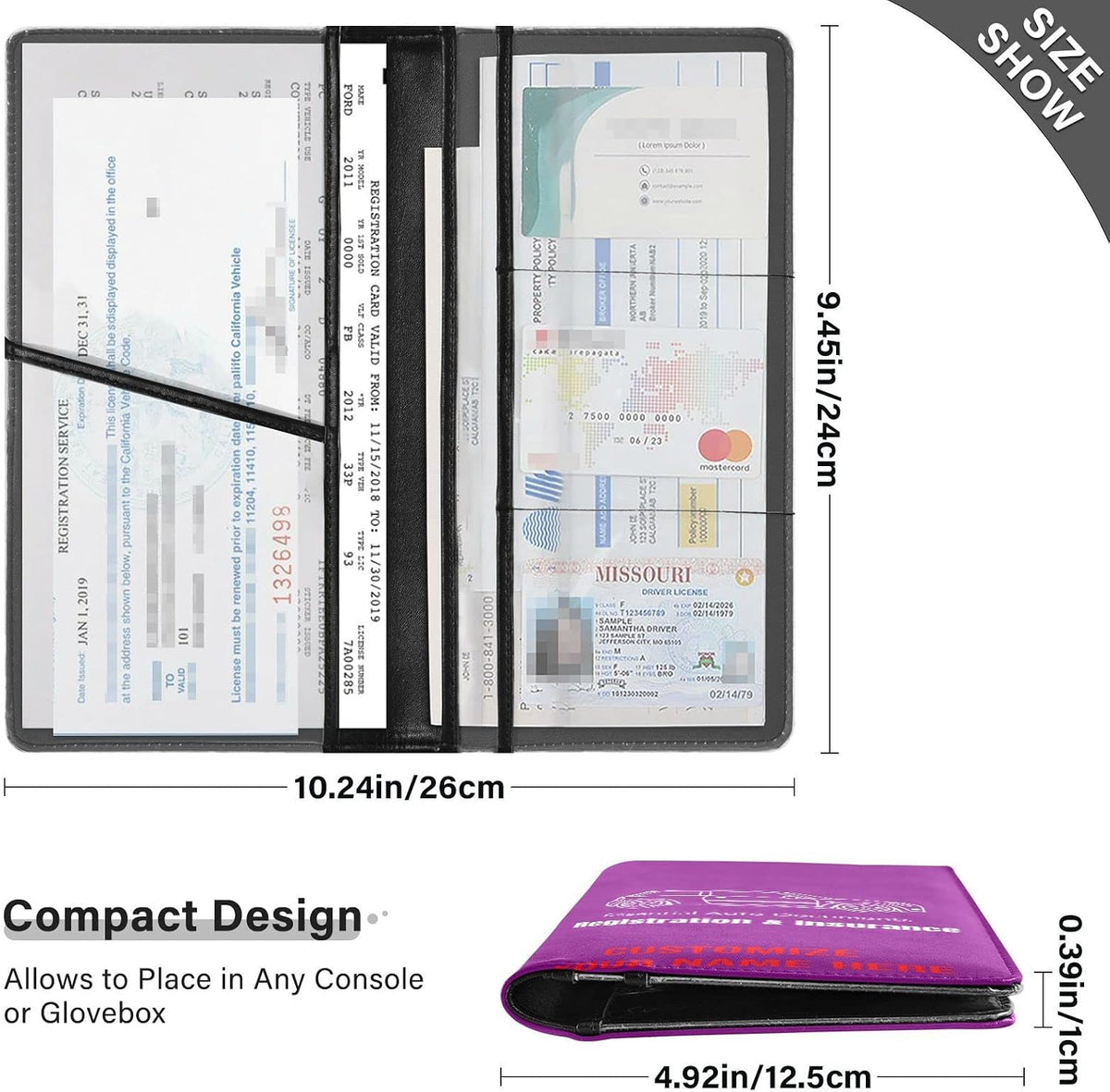 Custom Car Registration and Insurance Card Holder Personalized Leather Glove Box Organize Men Women Wallet Accessories Case for Cards, Essential Document Driver License Purple