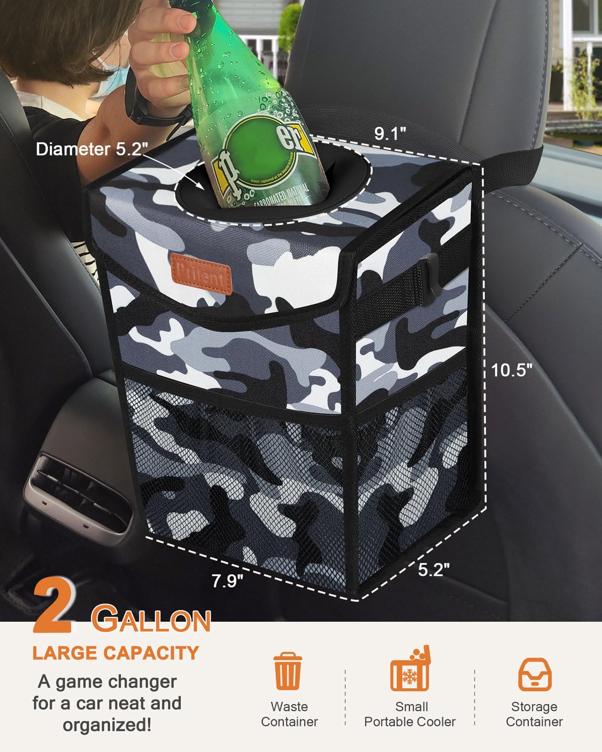 Pritent Car Trash Can with Lid, Cute Leakproof Car Trash Garbage Bag Hanging Vehicle Trash Bin Small Portable Automotive Garbage Cans Organizer for Back/Front Seat/Console(Trapezoid,Camo Grey)