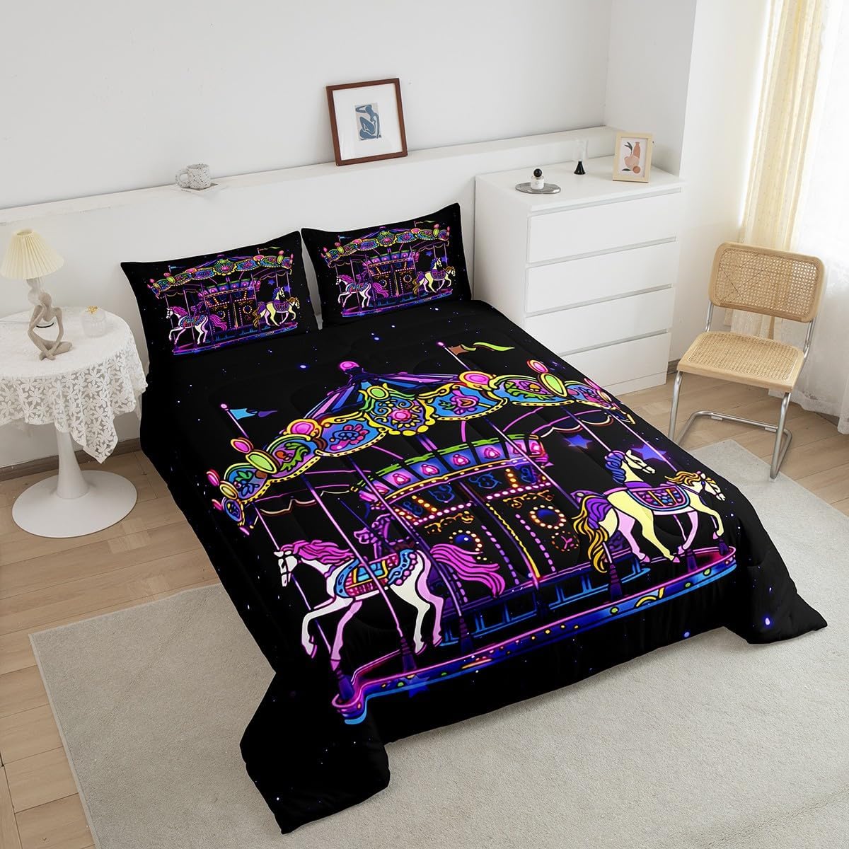 Amusement Park Circus Theme Bedding Set Full Size,Kids Carousel Comforter Set Girls Boys Teens Room Decor Cartoon Animals Horse Print Quilt Set Romantic Dreamy Black Purple Duvet Insert,2 Pillowcases