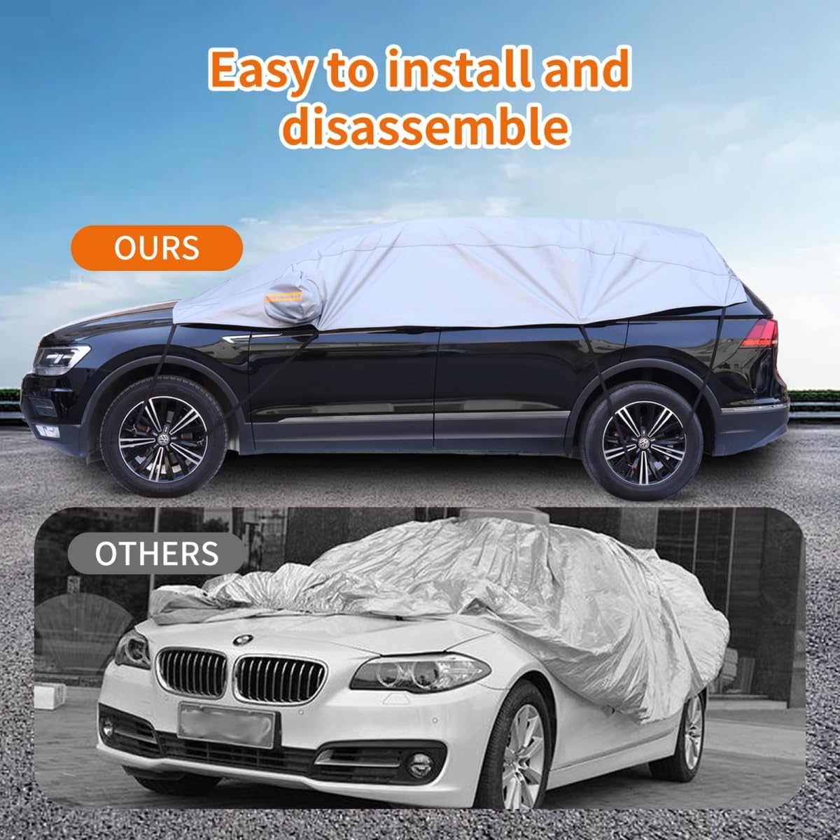 Half Car Cover, Windshield Cover for Ice and Snow with Cotton Liner, Car Cover Waterproof All Weather for Snow, Sun, Rain, Dust, UV Protection Fit SUV M