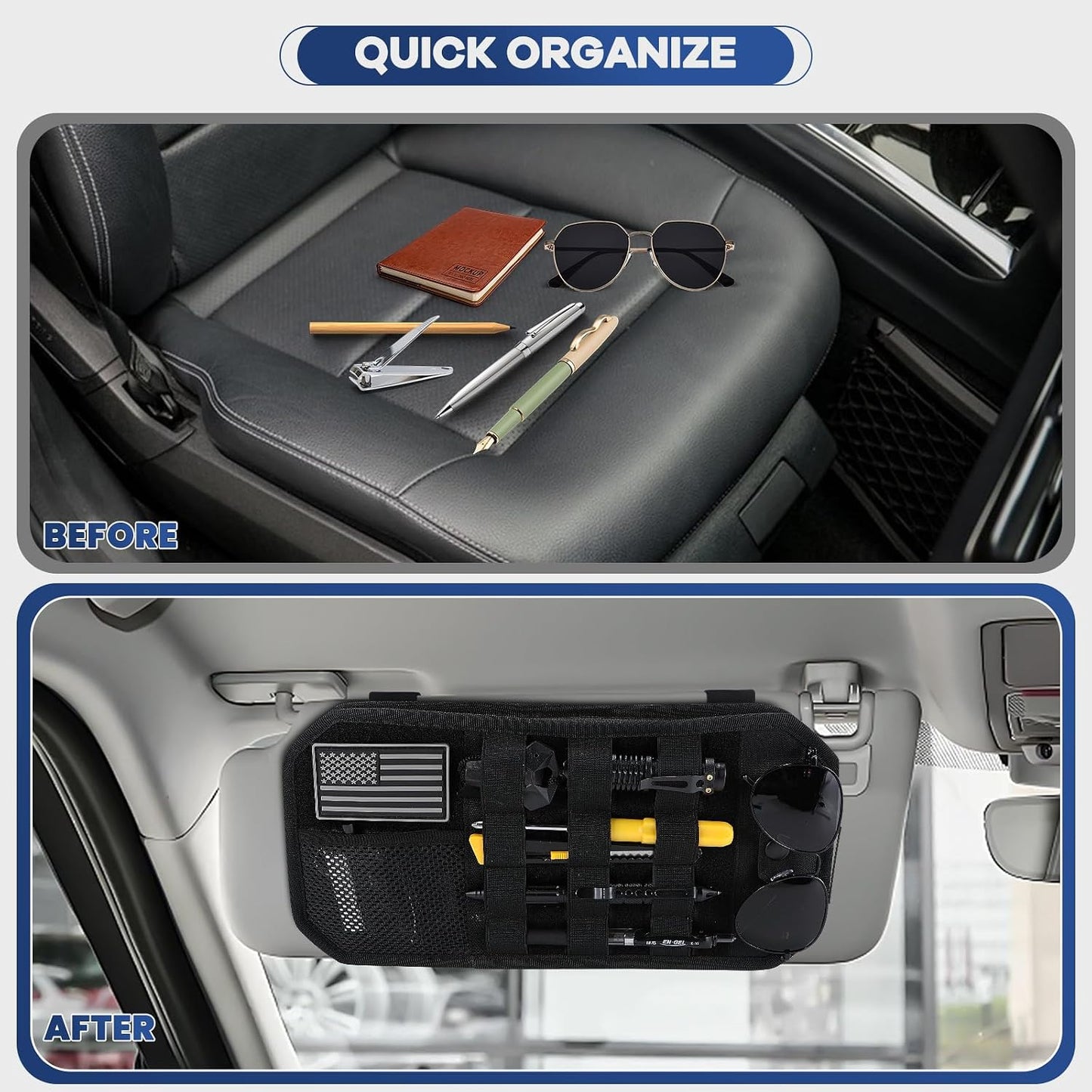 Denchy Molle Car Sun Visor Organizer with Zipper Storage Pouch and Sunglasses Holder Clip, Tactical Sunvisor Organizers for Trucks, Universal Molle Panel Accessories for Truck SUV Police Car Gear