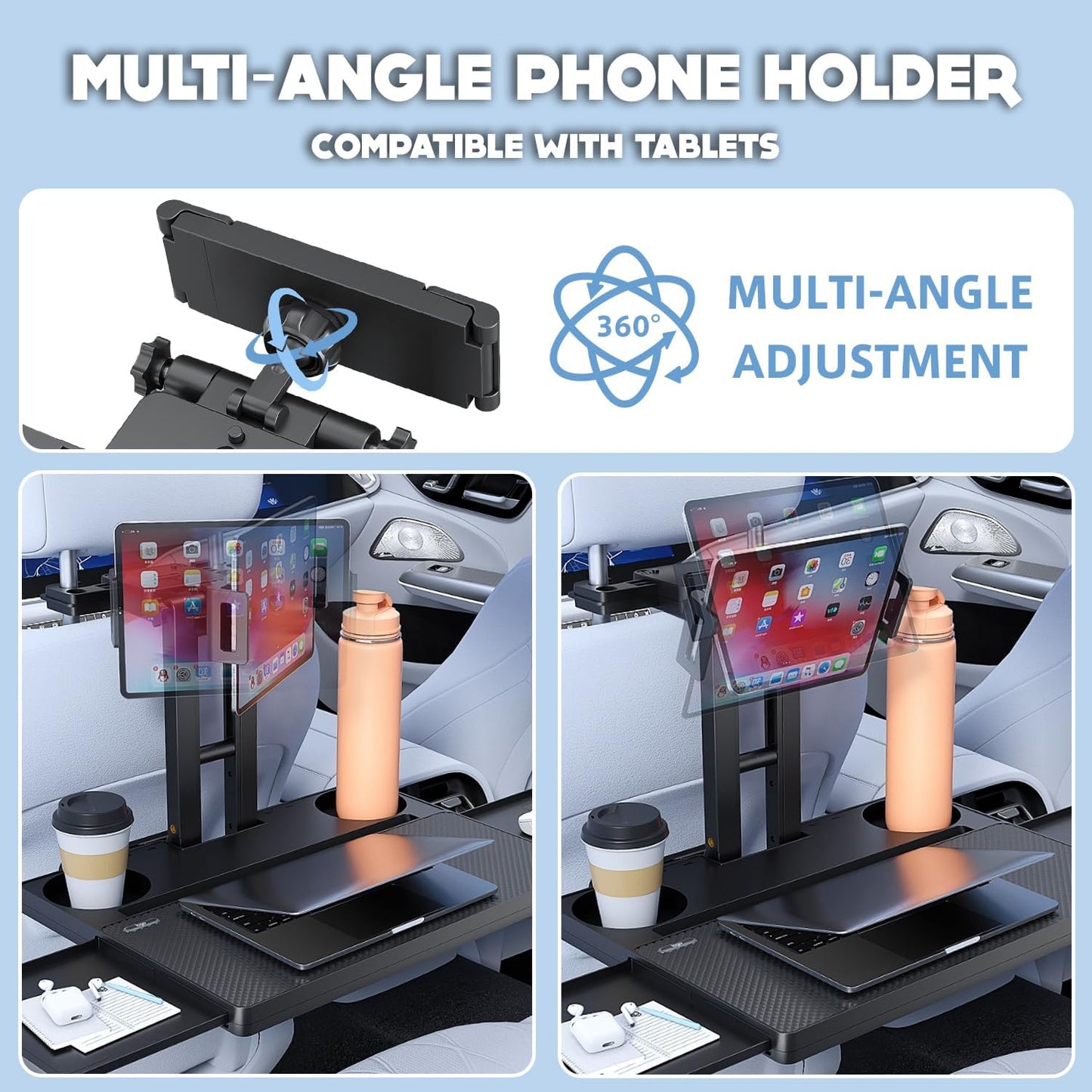 Car Back Seat Tray Table, Stable Foldable Auto Backseat Food Trays Desk for Rear Passenger Road Trip Eating & Work, Multifunctional Adjustable Travel Tray with Phone Drink Holder for Laptop iPad
