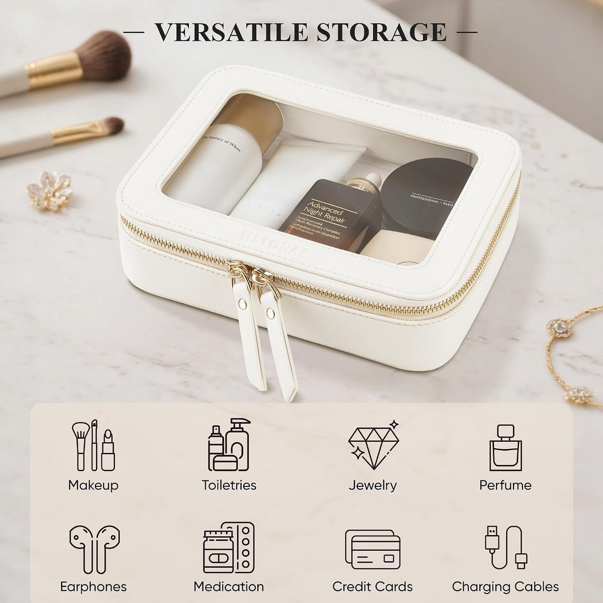 Clear Makeup Bag, Cosmetic Make Up Pouch with Zipper,Medium Ivory
