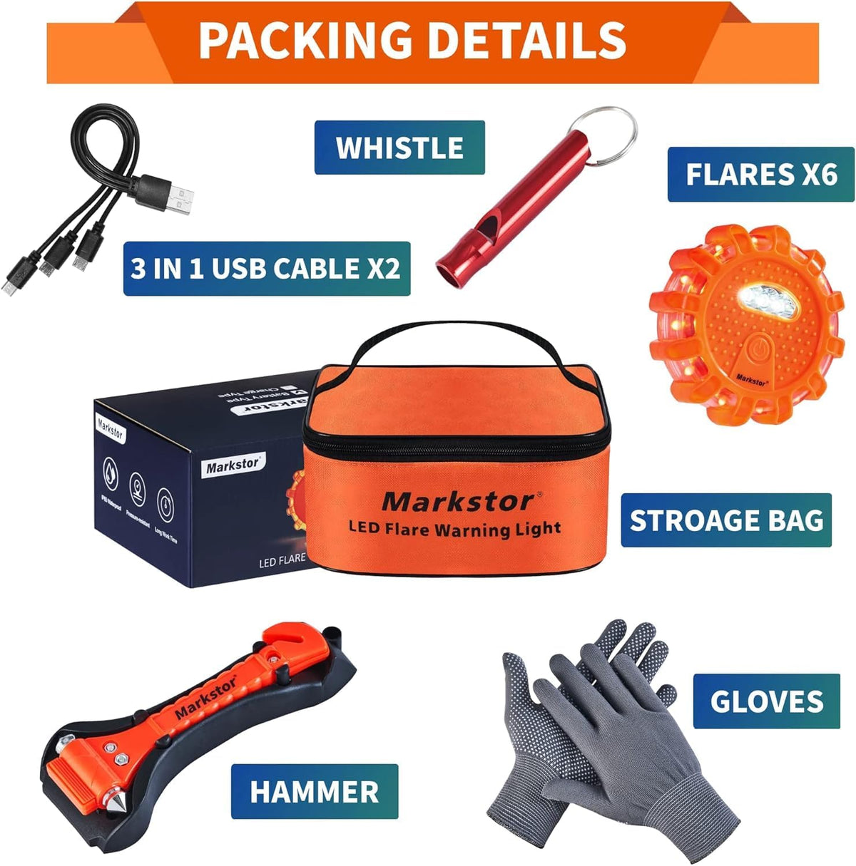 6-Pack LED Road Flares, Rechargeable roadside emergency kit