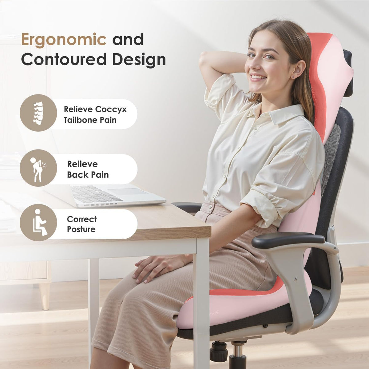 FLORICH Upgraded 3-in-1 Memory Foam Car Seat Cushion Set with Lumbar Support & Neck Pillow, Washable Driving Seat Cushion for Back & Sciatica Pain Relief, Non-Slip Seat Cushion for Car, Office-Pink