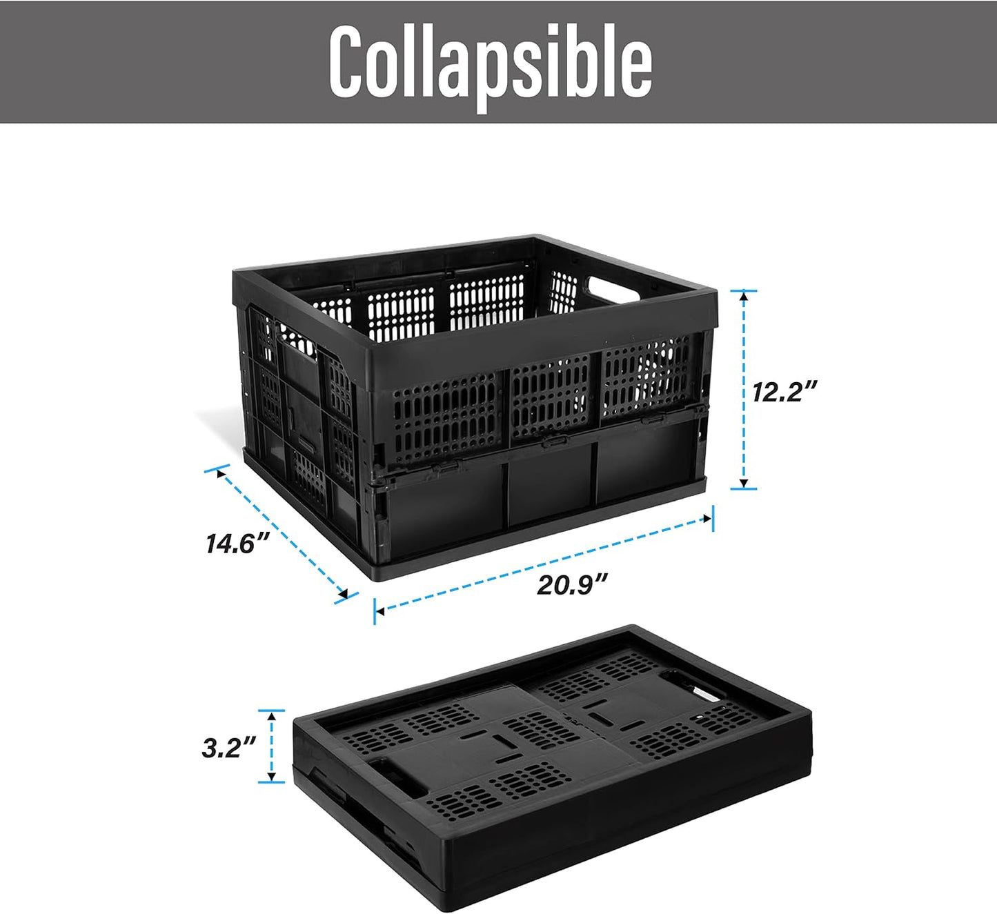 52L Collapsible Heavy Duty Storage Bin/Container, Stackable Folding Plastic Bin, Grated Wall, Utility (1, Square, 52, Liters)