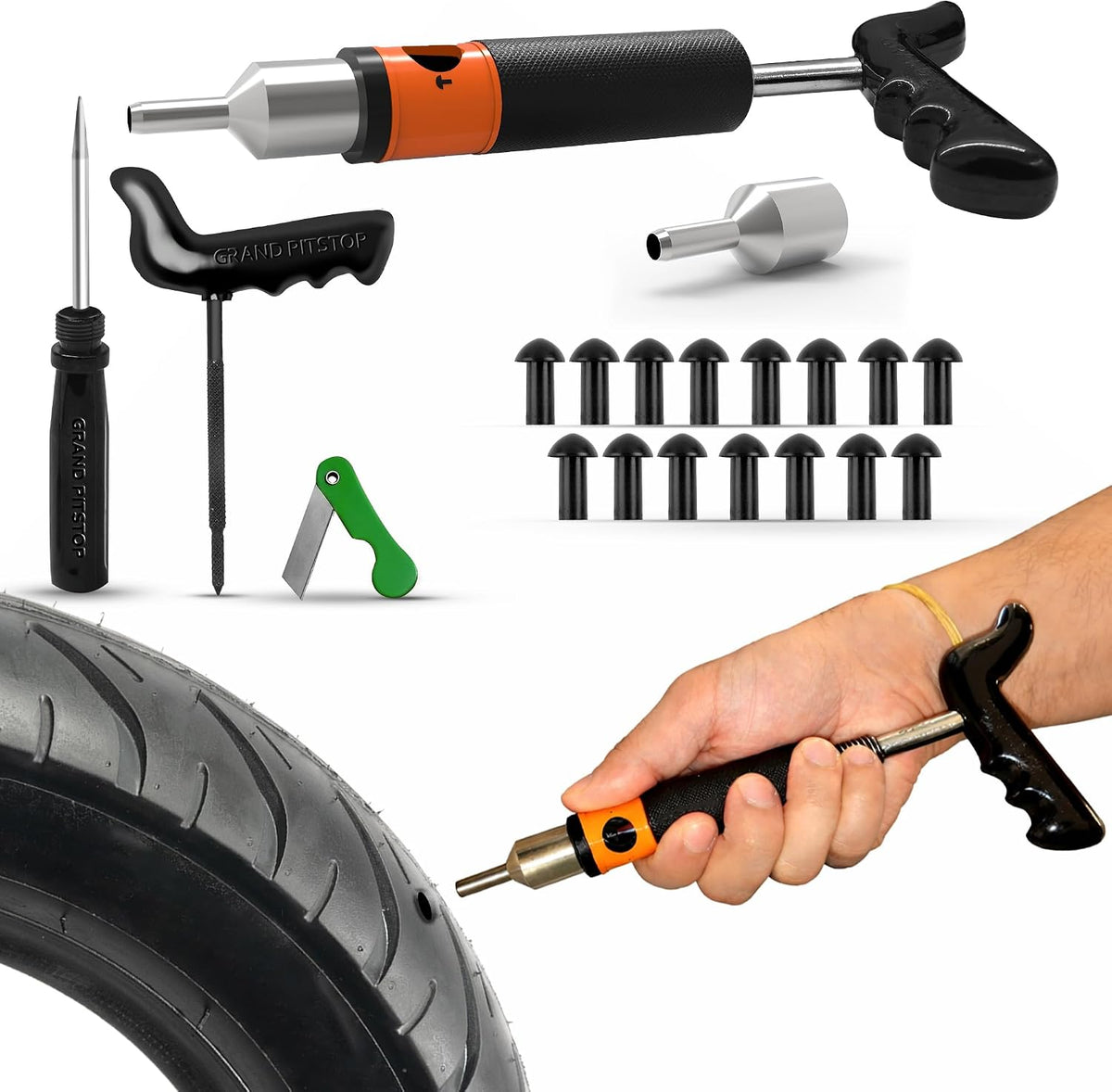GRAND PITSTOP 21 Pcs Tubeless Tire Plugger Repair Kit with Multi-funcional Plier for Punctures and Flats on Cars, Motorcycles, ATV, RV, SUV, Trailer, Trucks & Tractors (15 Mushroom Plugs)