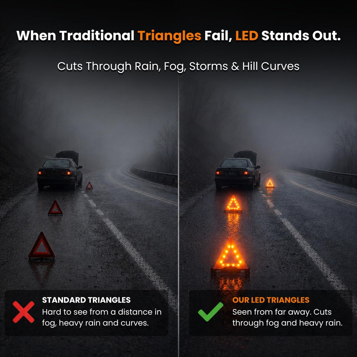 Lumen Wand 3 Pack LED Reflective Warning Triangles Emergency Safety Kit