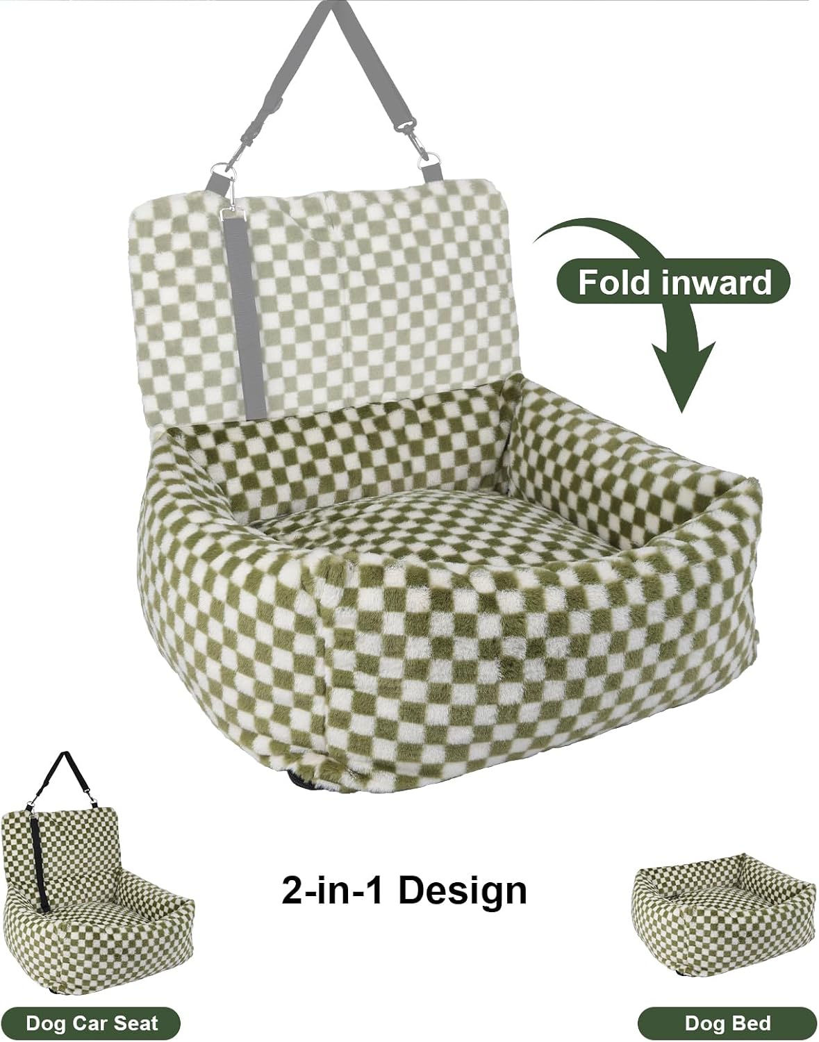 Dog Car Seat for Small Dogs,Medium Dog Car Bed with Detachable Washable Cover,Pet Puppy Booster Cars Seats with Safety Belt Up to 30 lbs(Grid Green)