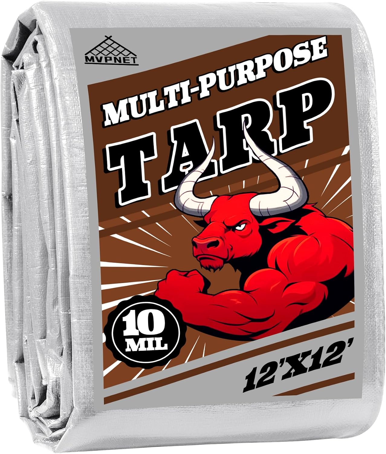 Tarp 12x12 ft Heavy Duty 10mil Silver/Brown 100% Waterproof High Durability Multipurpose Outdoor Tarpaulin,Uv Resistant,for Courtyards,Camping, Canopy, Trailer, Boats, Camping, Etc -by MVPNET