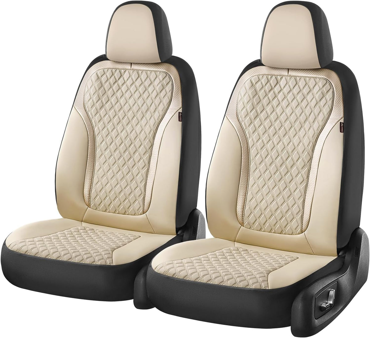 Coverado Front Seat Covers, 2-Pack Luxury Leather Car Seat Cover with Carbon Fiber Weave, Waterproof Car Seat Protectors, Spill-Proof Car Seat Cushion, Beige Seat Covers Universal Fit for Most Cars