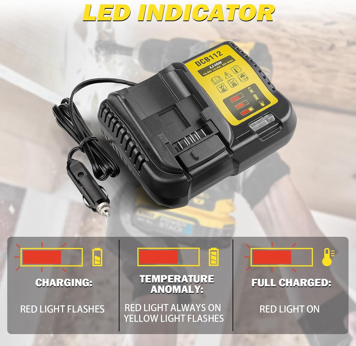 DCB112 for Dewalt Battery Car Charger, Replace for Dewalt 12V 20V and 60V Max Battery use on Car, Charging Input 12V/24V Cigarette Lighter Plug