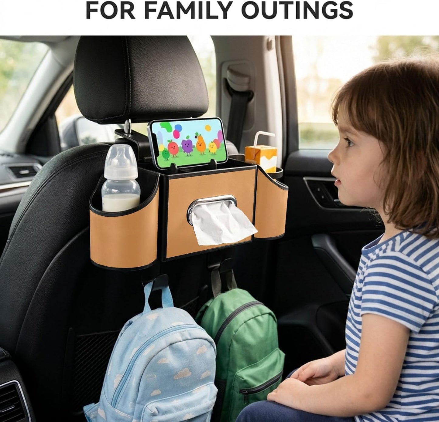 Back Seat Car Organizer, Nappa Leather Car Seat Organizer with Cup Holders and Tissue Box, Premium Hanging Storage Bag for SUV Truck Road Trip (Light Brown)