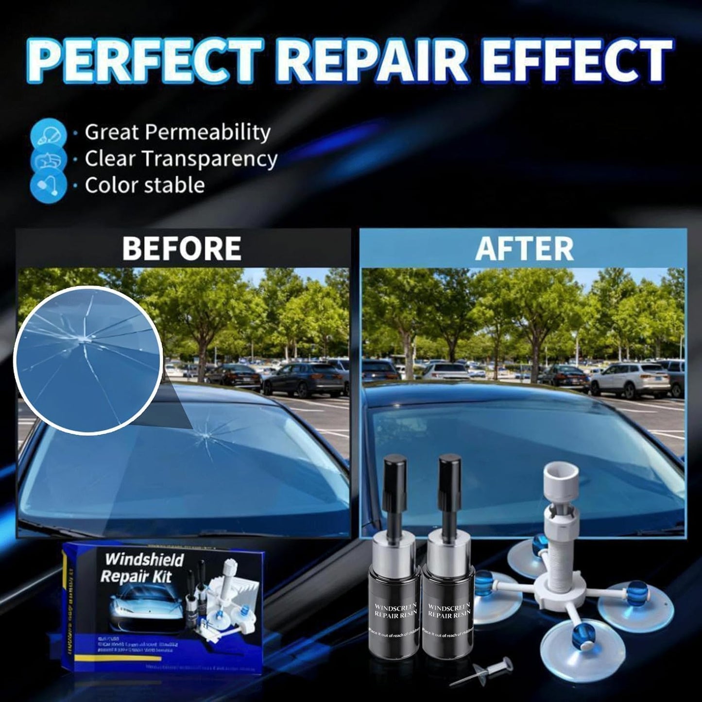 Windshield Repair Kit, Windshield Crack Repair Kit,2 Pcs Car Glass Repair Kit Quick Fix for Chips & Cracks, Windshield Chip Repair Kit, Automotive Nano Repair Kit（Blue）