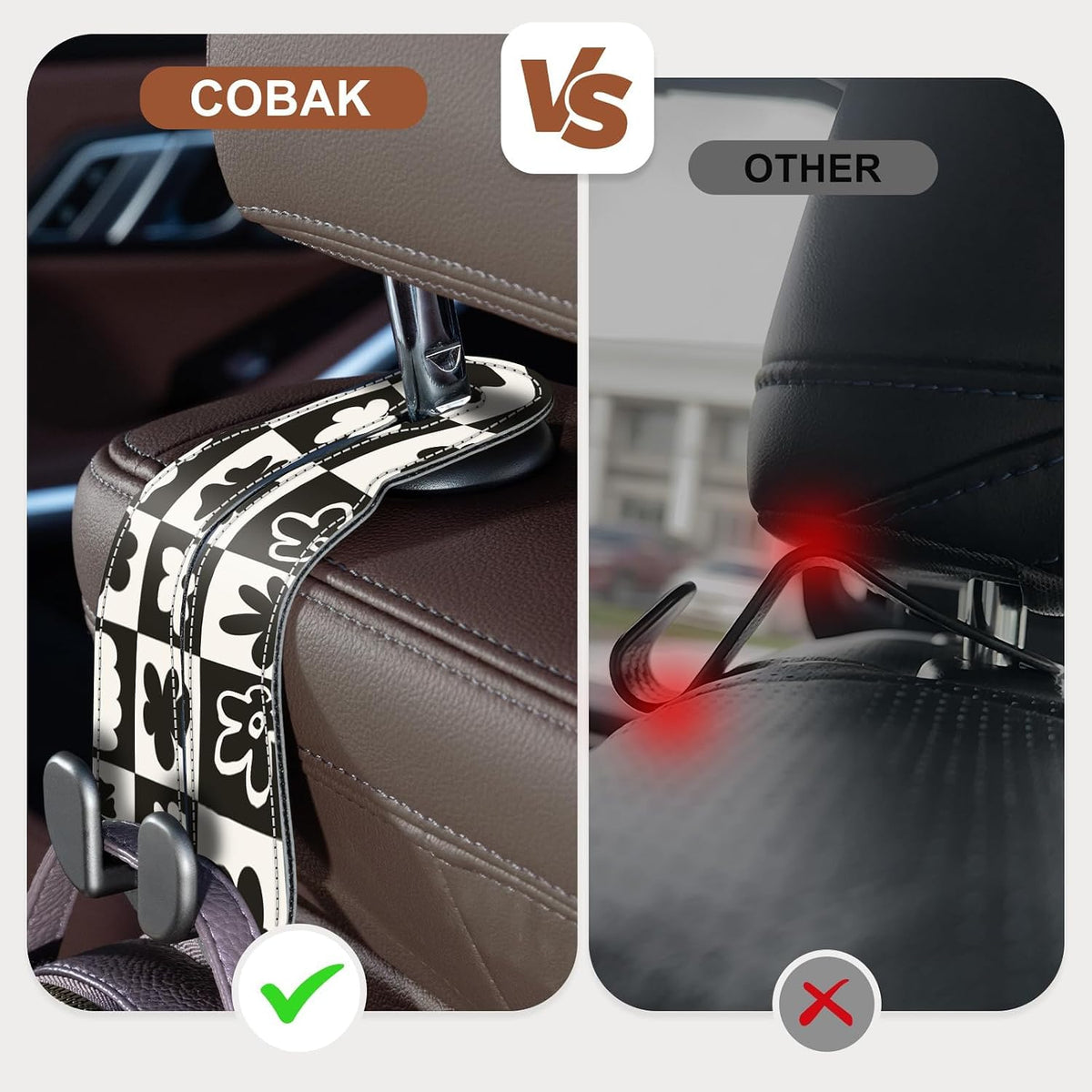 CoBak Purse Hook for Car - Universal Premium Stitched Leather and Aluminum-Magnesium Alloy Double Car Seat Back Storage Hook for Purses, Handbags, Bags (2 Pack),Chess Flower