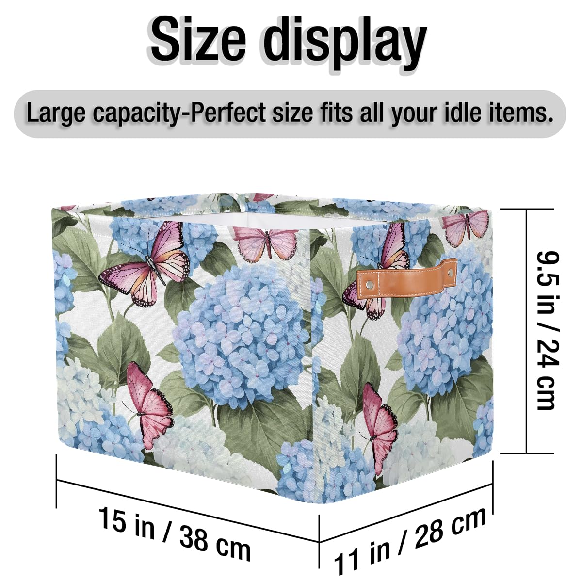 Blue Hydrangea Flowers Storage Baskets for Organizing, Fabric Collapsible Storage Bins Box Pink Butterfly Decorative Toy Organizer Baskets for Closet Shelves Gift Basket 1 Pc