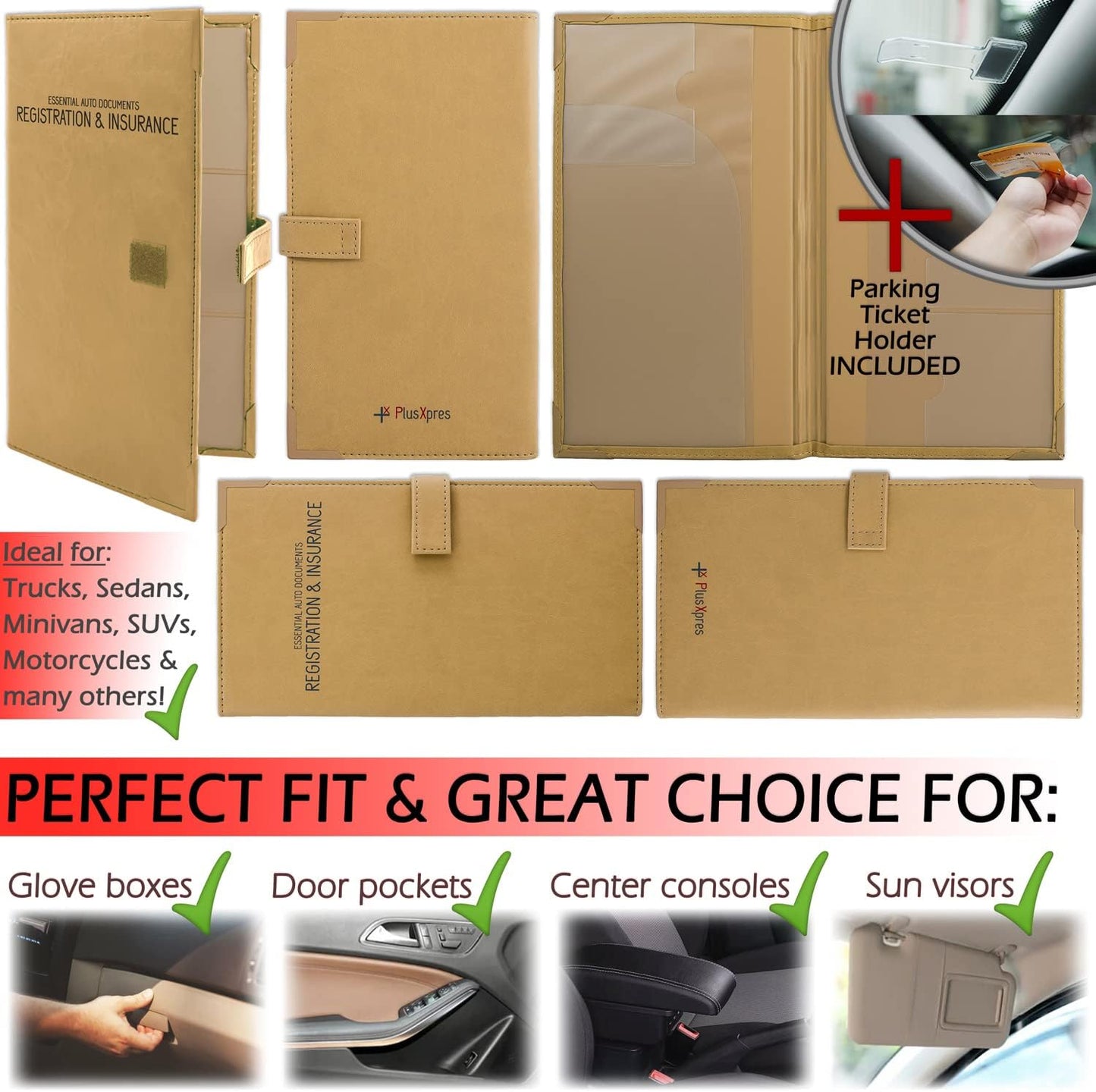 PlusXpres Registration and Insurance Card Holder - Car Organizer - Beige | Vehicle Glove Box Document Organizer, Auto Essential Paperwork Holder for Contact Information Cards, Interior Car Accessories