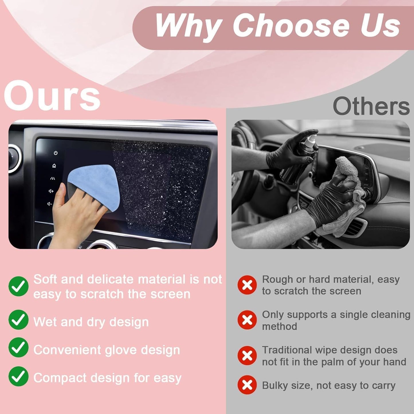 BFXM 2PCS Car Screen Cleaner, 4.1''×4.1'' Microfiber Dashboard Wipes, Square Microfiber Cloth, Automotive Display Wipes,Vehicle Screen Cleaner Tool for Dashboard Display, Car Interior Tool (Pink)
