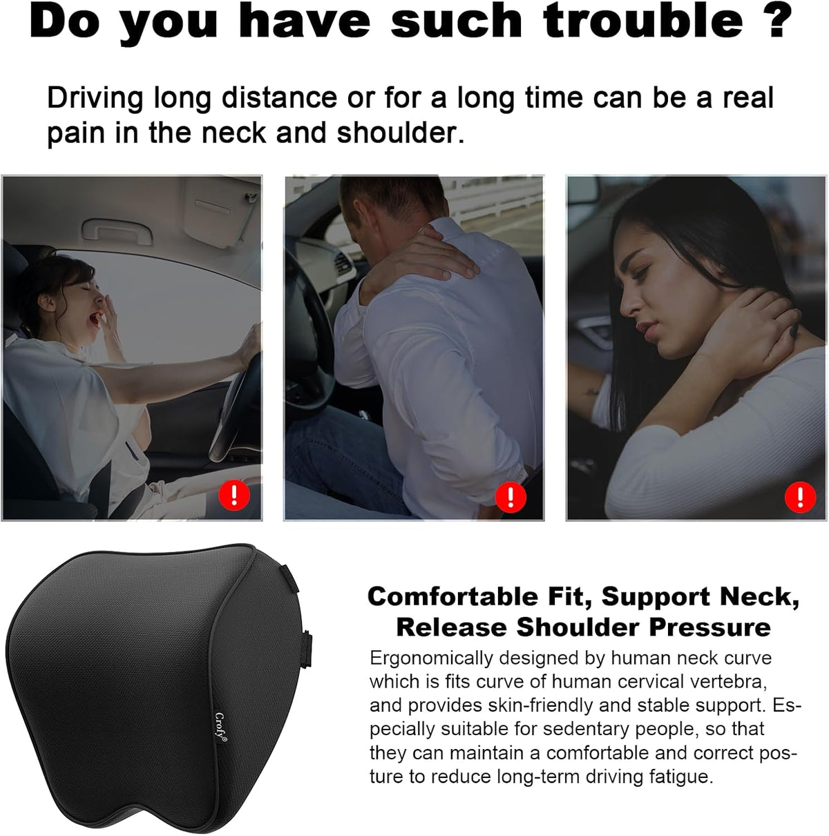 Crofy 2-Pack Car Neck Pillow, Headrest Pillow with Adjustable Strap, Black | Soft Memory Foam; Ergonomic Design Fits Most Car & Office Chairs; Breathable Removable Pillow Cover Is Machine Washable