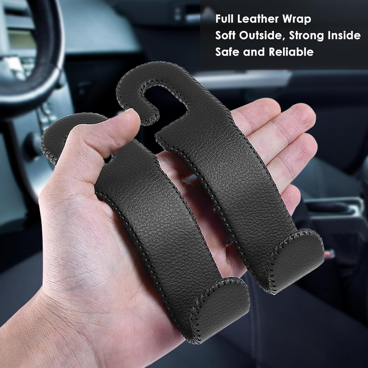 AMVOYOA Leather Car Seat Hooks - U-Shaped Purse Holder for Car, Fully Leather-Wrapped Headrest Hooks for Purses, Bags & Coats, Durable Seat Back Organizer for Travel & Daily Use (Black, 2 Pack)