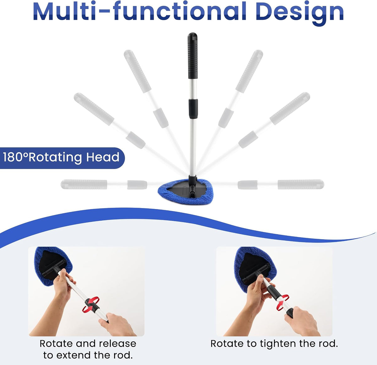 Windshield Cleaner Tool with 180° Rotating Head, Car Window Cleaner Tool with Extendable Handle and 4 Reusable Microfiber Pads, Car Windshield Cleaning Brush for Effortless and Efficient Cleaning