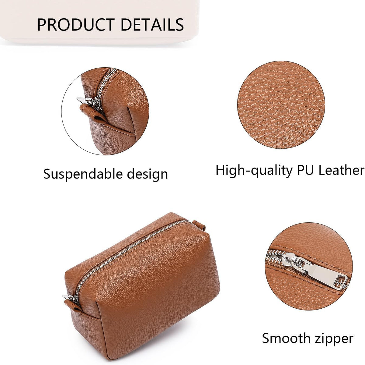 Travel Makeup Bag, Ring Clasp Wristlet Organizer (Saddle Brown)