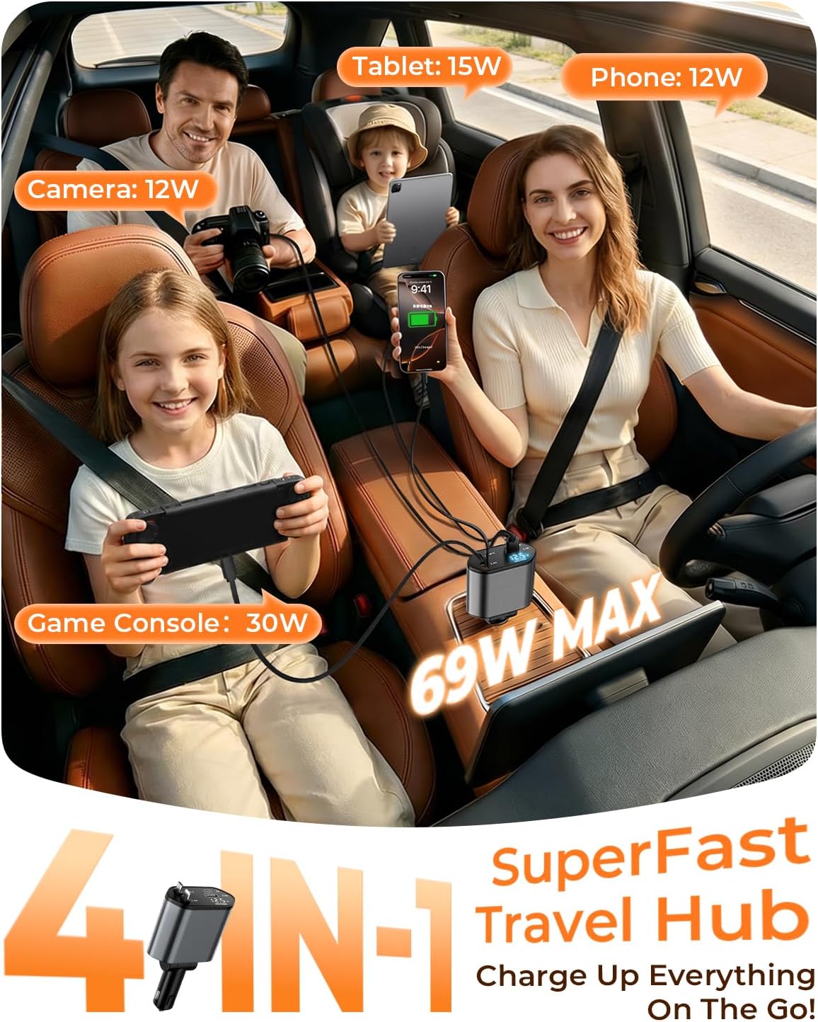 4 in 1 Retractable Car Charger, USB C Fast Charging Adapter, Black