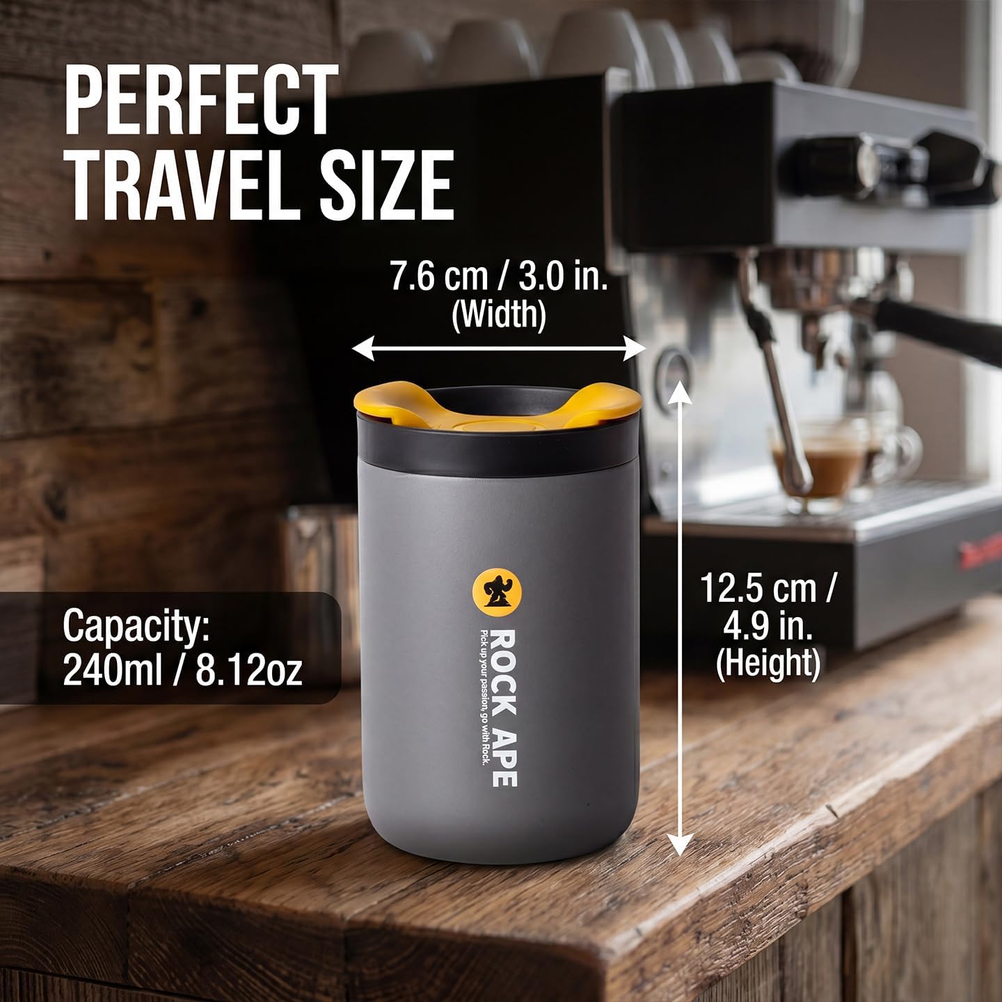 ROCK APE 8oz Small Insulated Espresso Cups with Lid, 316 Medical Grade Stainless Steel Travel Coffee Mug, Fits Under Espresso Machine, Portable Vacuum Tumbler, Leakproof