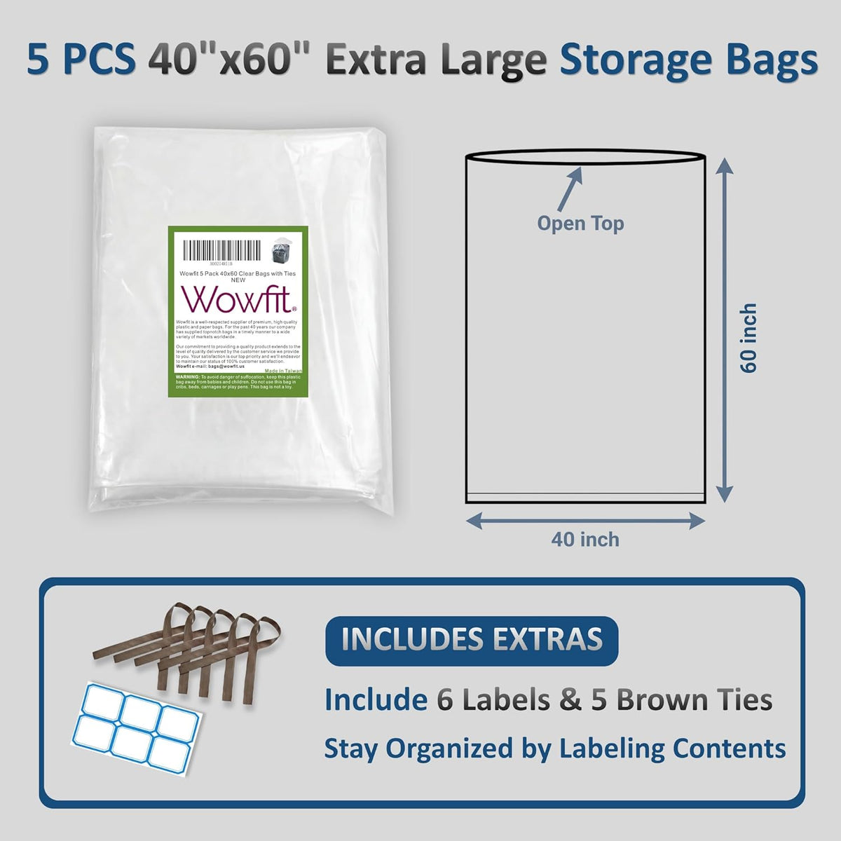 Wowfit 5 CT 40x60 inches Extra Large Clear Plastic Bags Perfect for Car Seat, Luggage, Suitcase, Stroller, Chair, Kids Bike and Attic Storage (2 Mil Flat Bags)